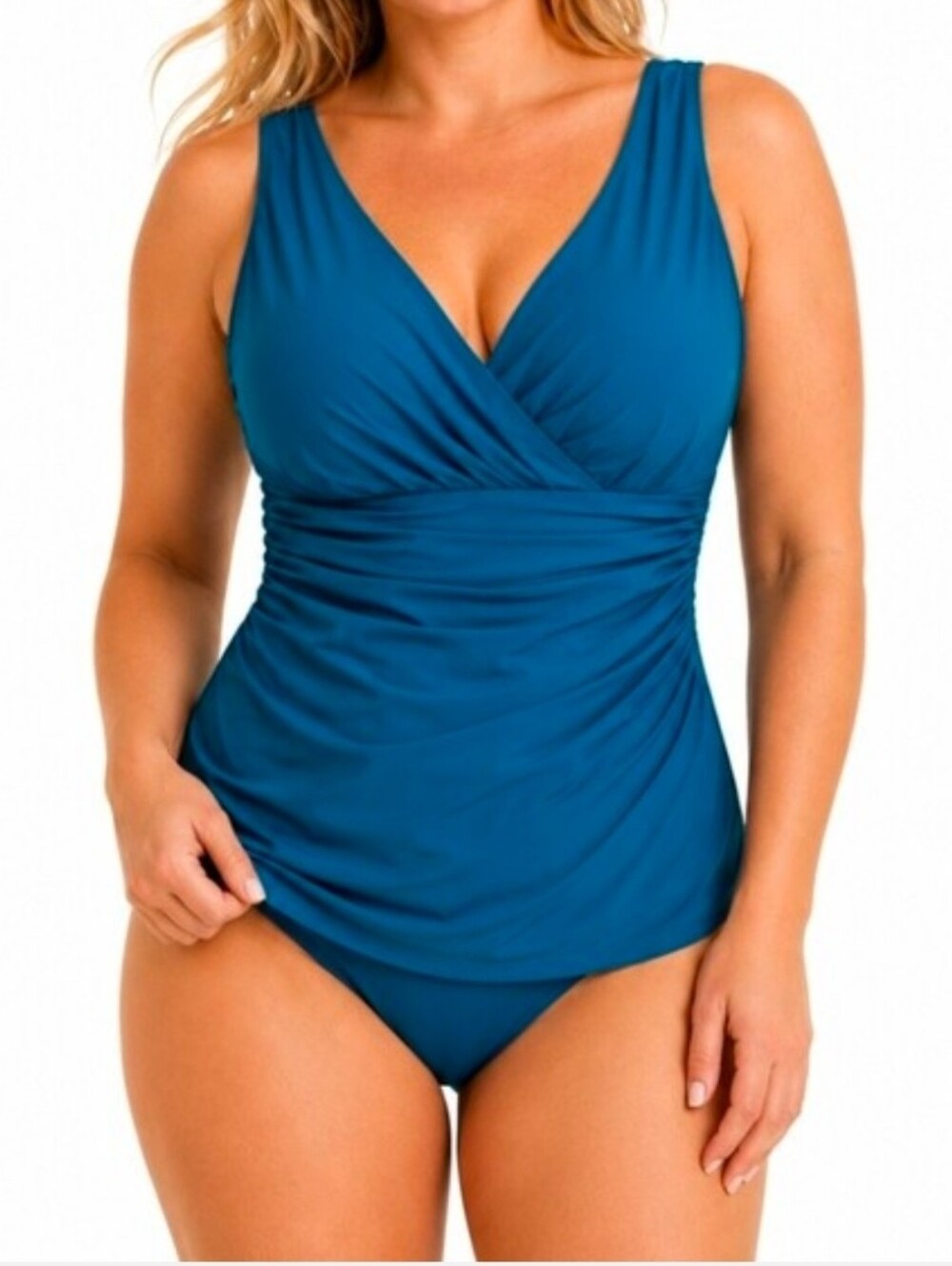 Lands' End ruched teal blue surplice Vneck Draped  One-Peice swimsuit Sz 12 DDD